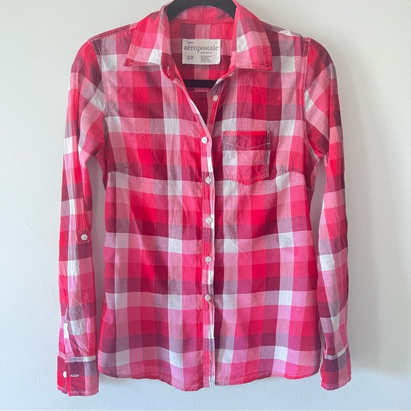 Aero petite plaid style button up down collared shirt checkered blouse size SP - Picture 2 of 6